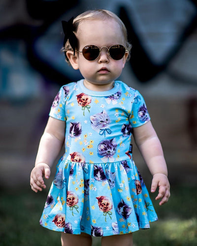 Rock Your Baby BLUE KITTENS GALORE Short Sleeves Waisted Dress