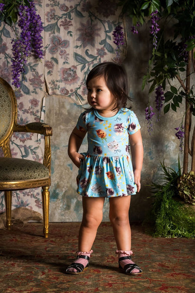 Rock Your Baby BLUE KITTENS GALORE Short Sleeves Waisted Dress