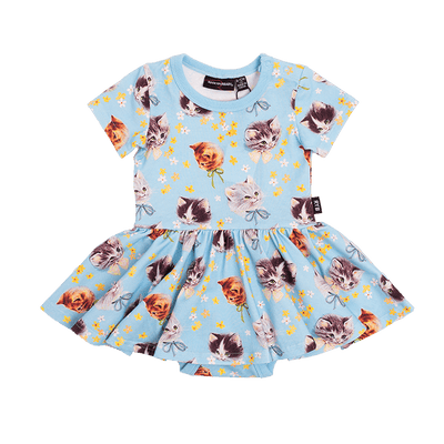 Rock Your Baby BLUE KITTENS GALORE Short Sleeves Waisted Dress