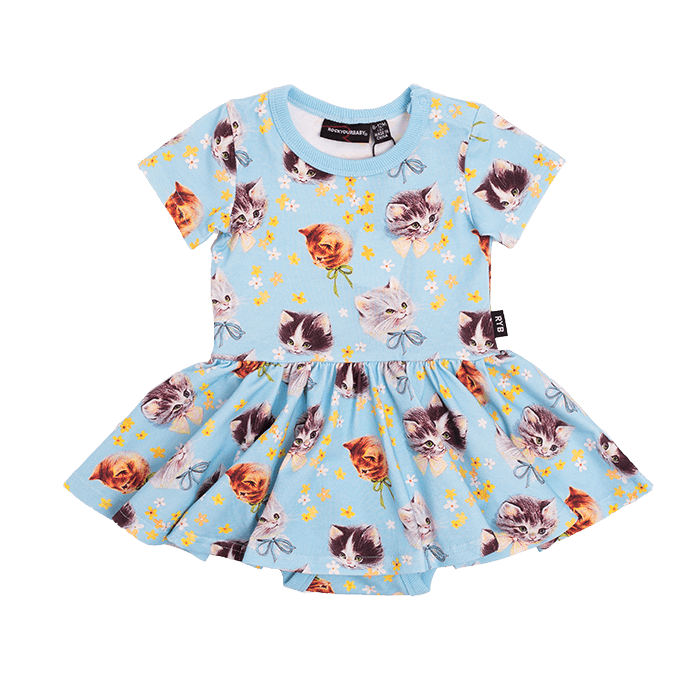 Rock Your Baby BLUE KITTENS GALORE Short Sleeves Waisted Dress